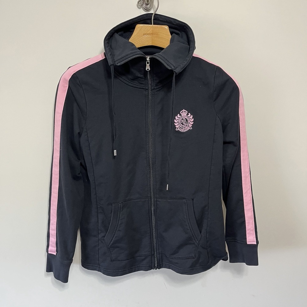 Lauren Ralph Lauren Monogram Track Jacket Black Pink Y2K Zip Up Women L